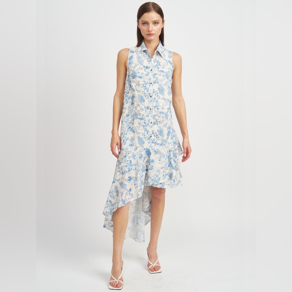 En Saison Davina Maxi Shirt Dress Asymmetrical Ruffle Hem Blue floral Size S